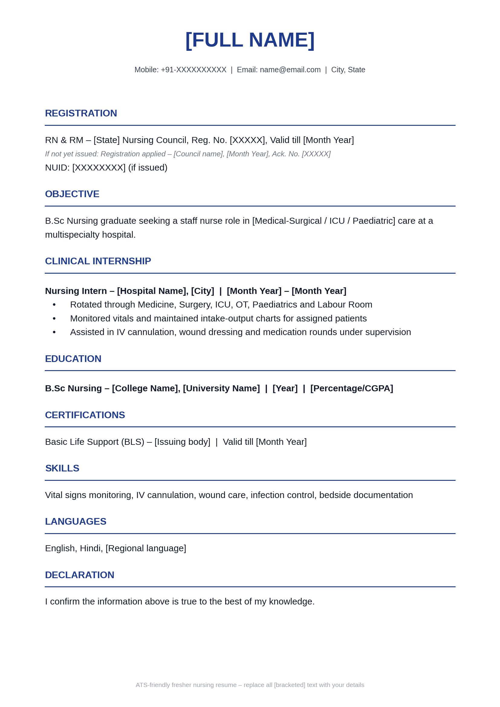 one liner resume for nurse