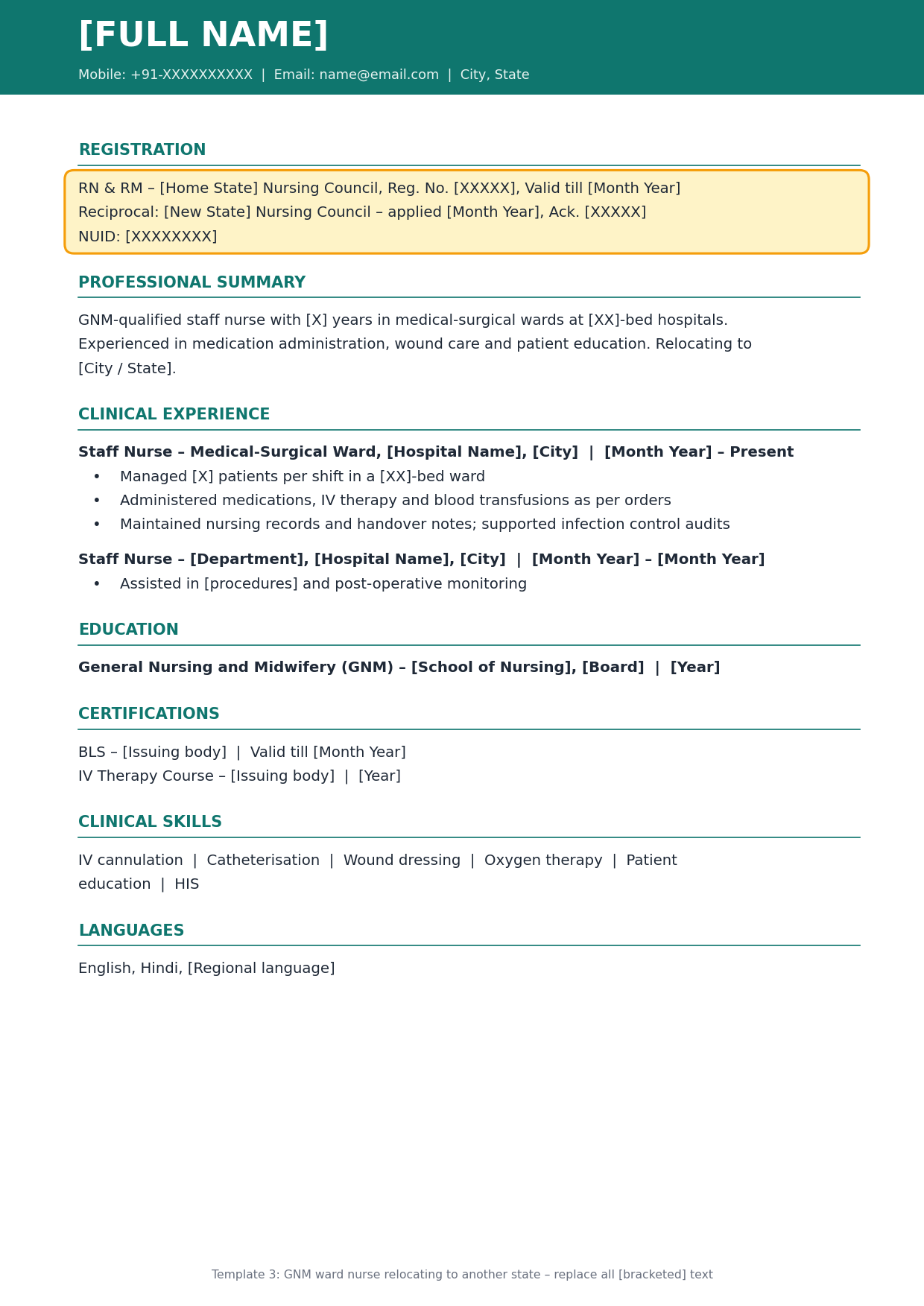 gnm ward nurse resume