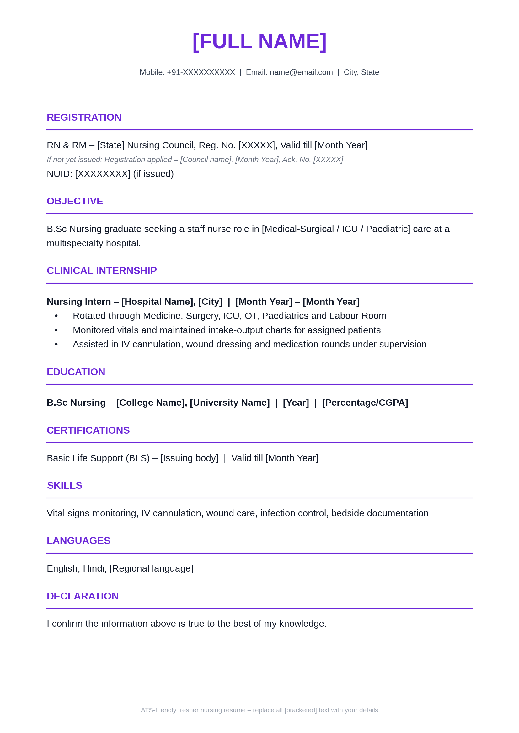 ats friendley fresher resume for nurse