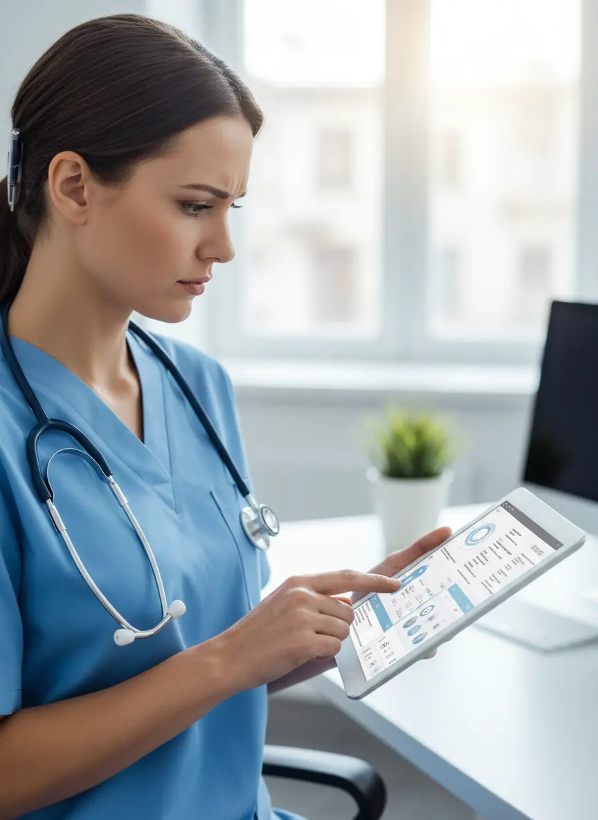 Healthcare professional in blue scrubs reviewing clinical data on a tablet