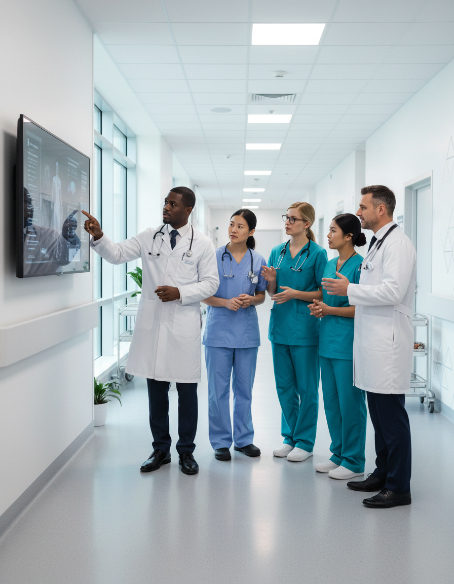 Healthcare professionals collaborating around a clinical display in a modern hospital corridor